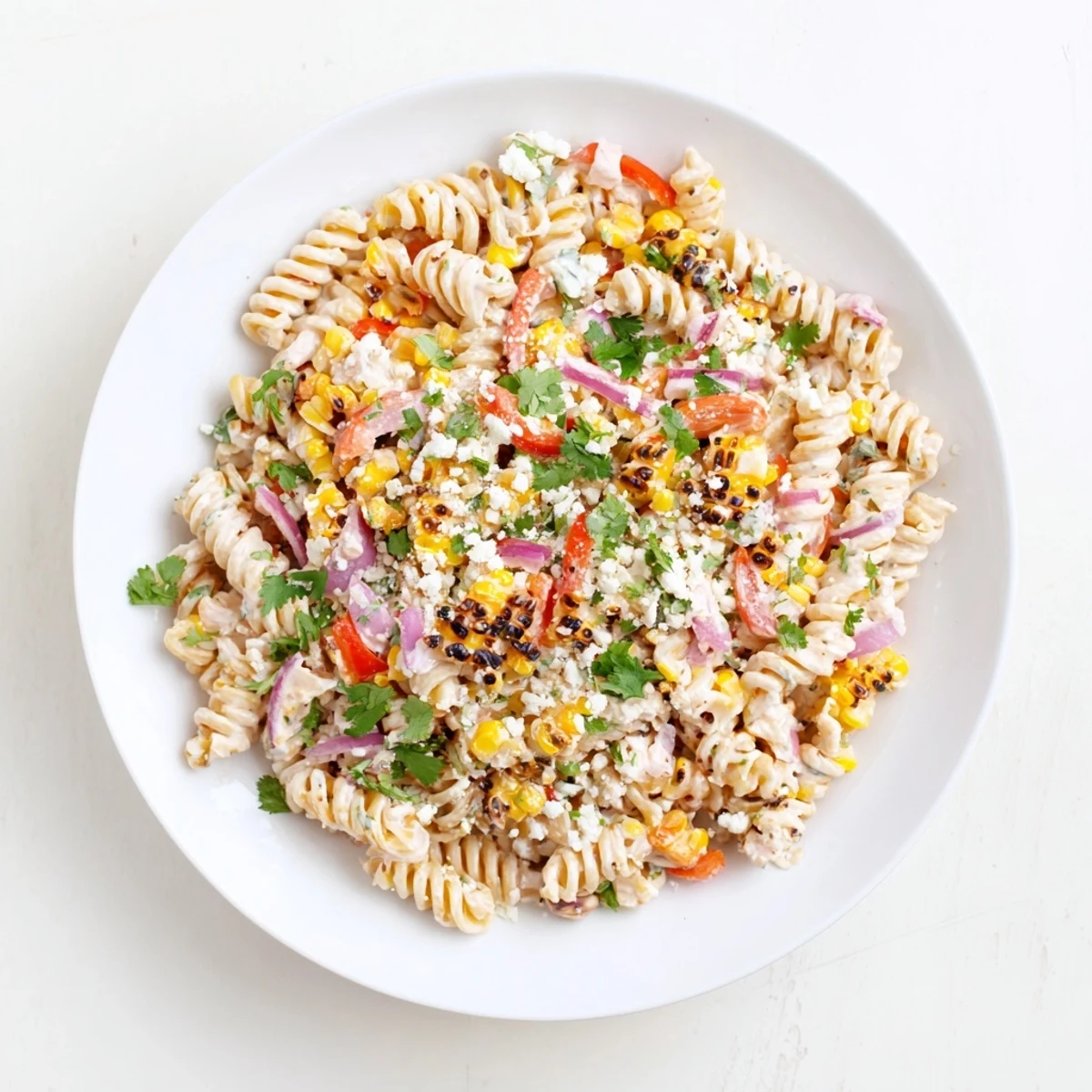 Colorful Juicy Street Corn Pasta Salad in a white bowl, garnished with chili powder and fresh herbs.