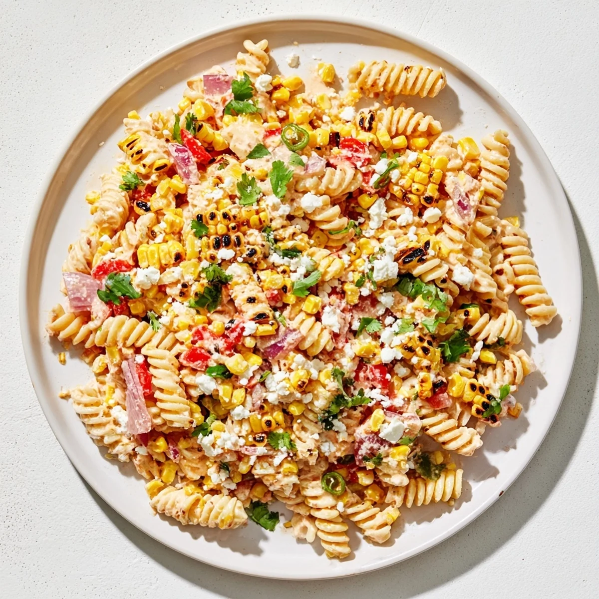 Hearty Juicy Street Corn Pasta Salad served chilled with jalapeños, cilantro, and lime wedges on the side.