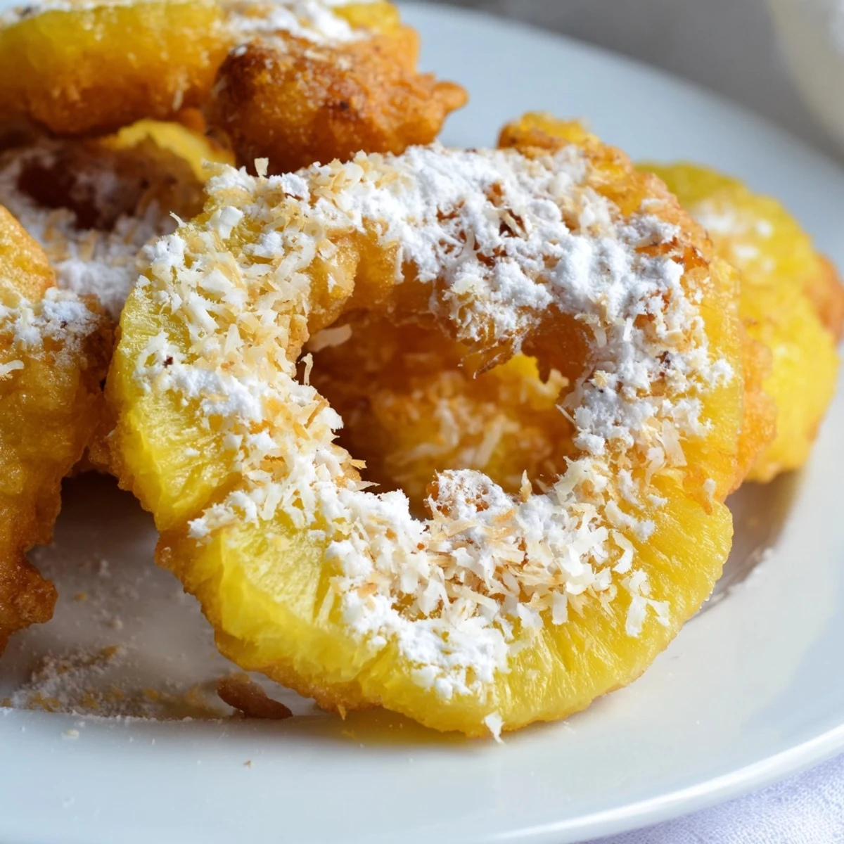 Golden Heavenly Pineapple Fritters That Bring Tropical Joy dusted with powdered sugar and served warm.
