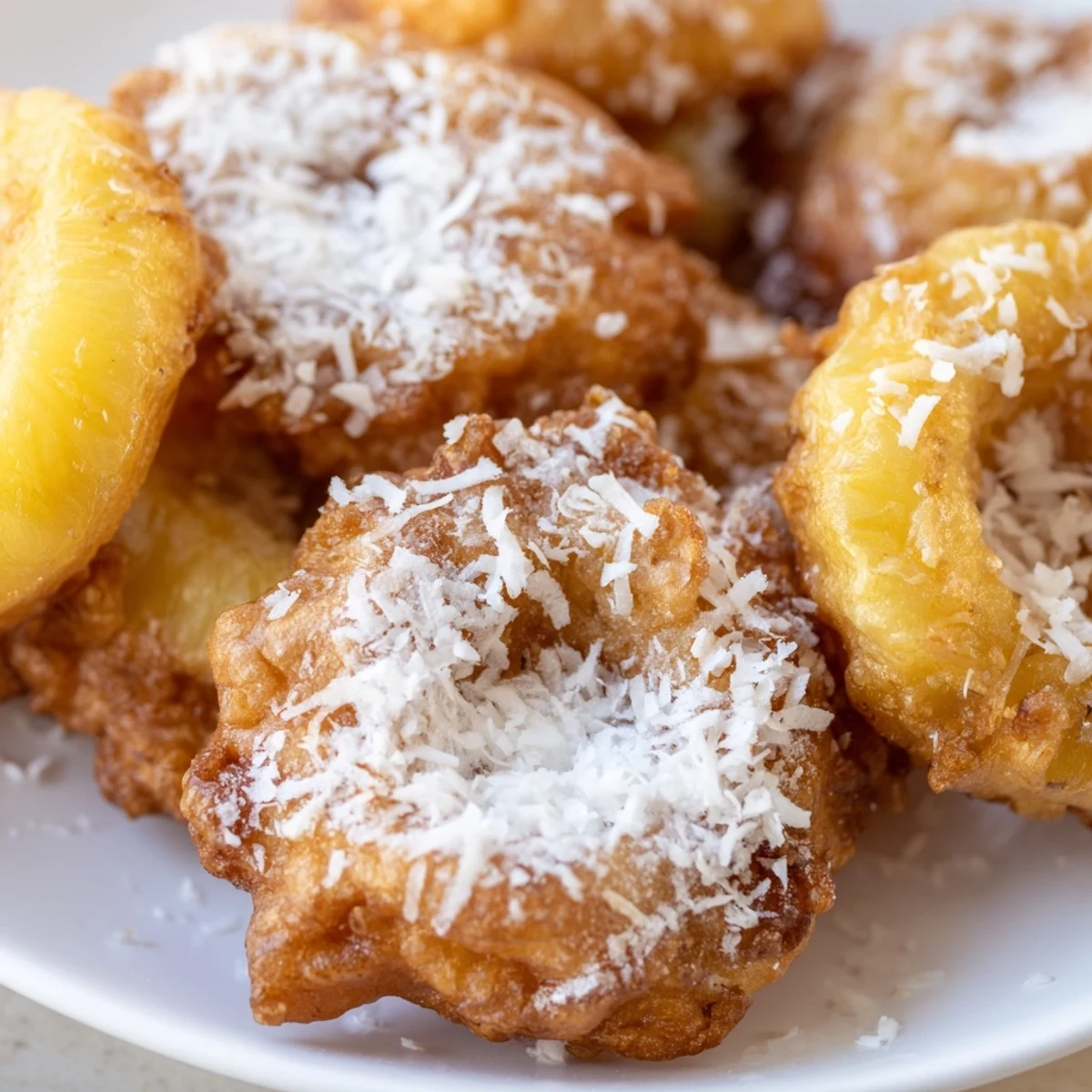 Stack of Heavenly Pineapple Fritters That Bring Tropical Joy with toasted coconut garnish on a plate.