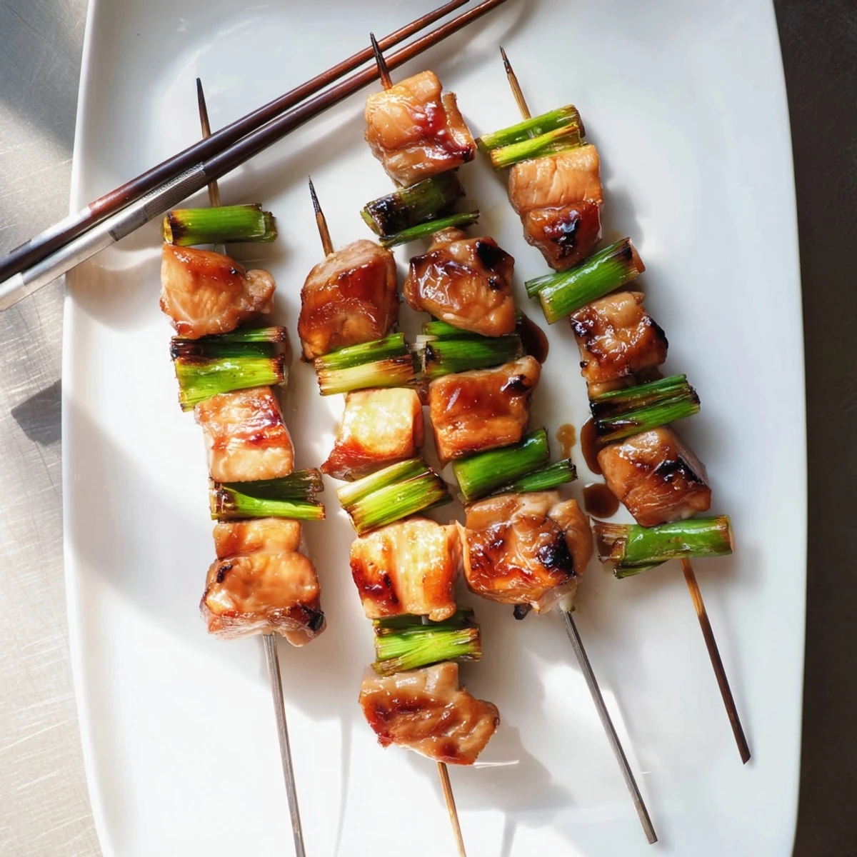 Sizzling Japanese Chicken Yakitori skewers glazed with sweet tare sauce and charred bits on the grill.