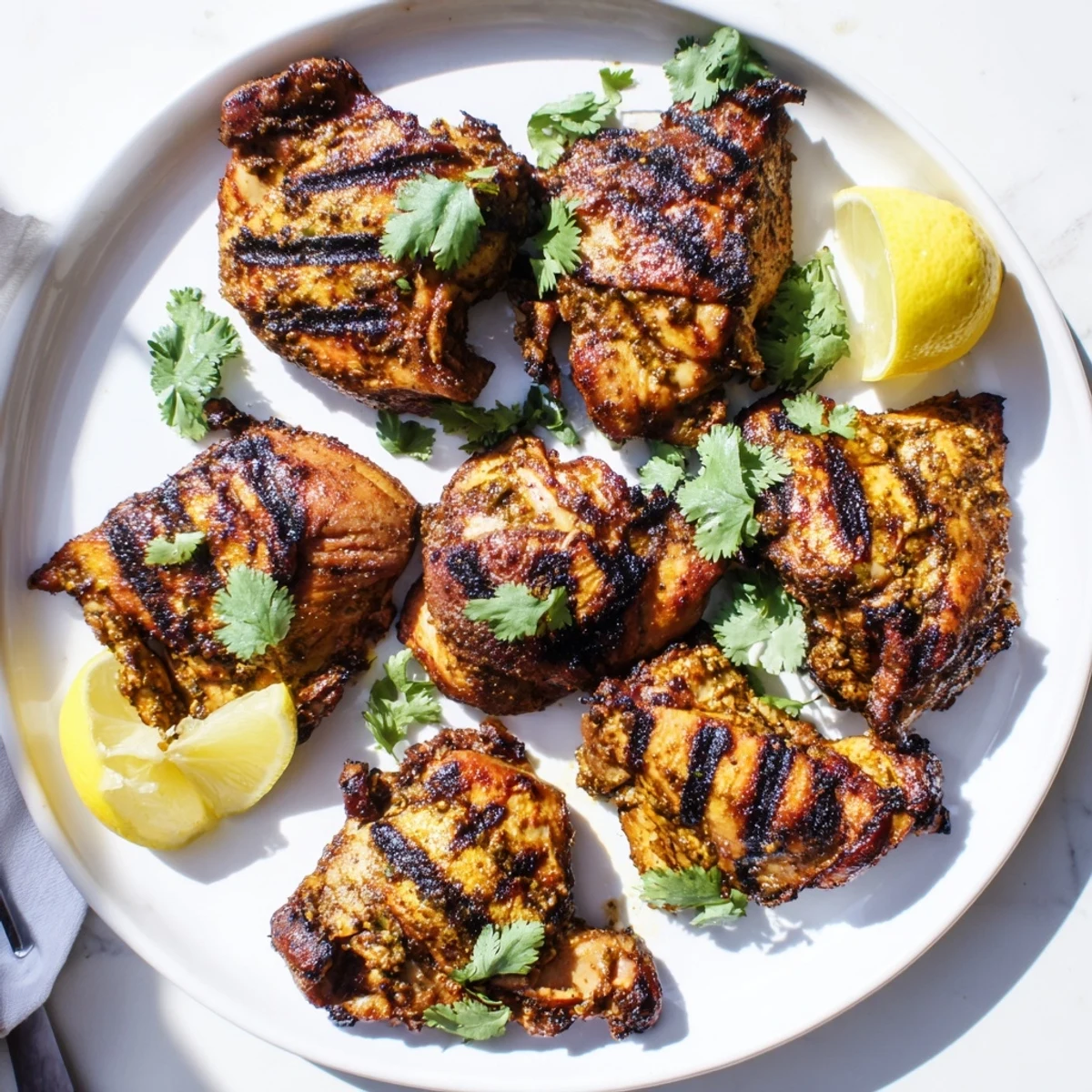 Sizzling grilled tandoori chicken thighs with charred edges and fresh cilantro garnish on a plate.