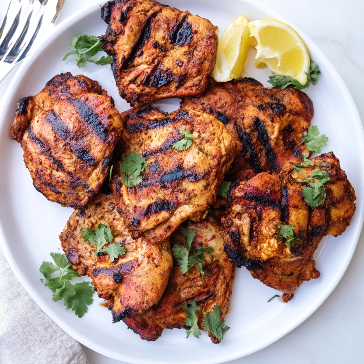 A close-up of smoky grilled tandoori chicken with lemon wedges, perfect alongside fluffy rice.