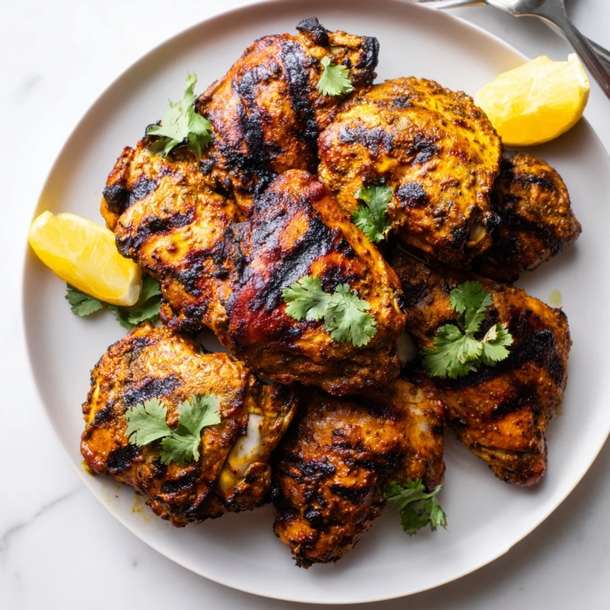 Tender, spiced grilled tandoori chicken served hot with naan and a vibrant cucumber salad.