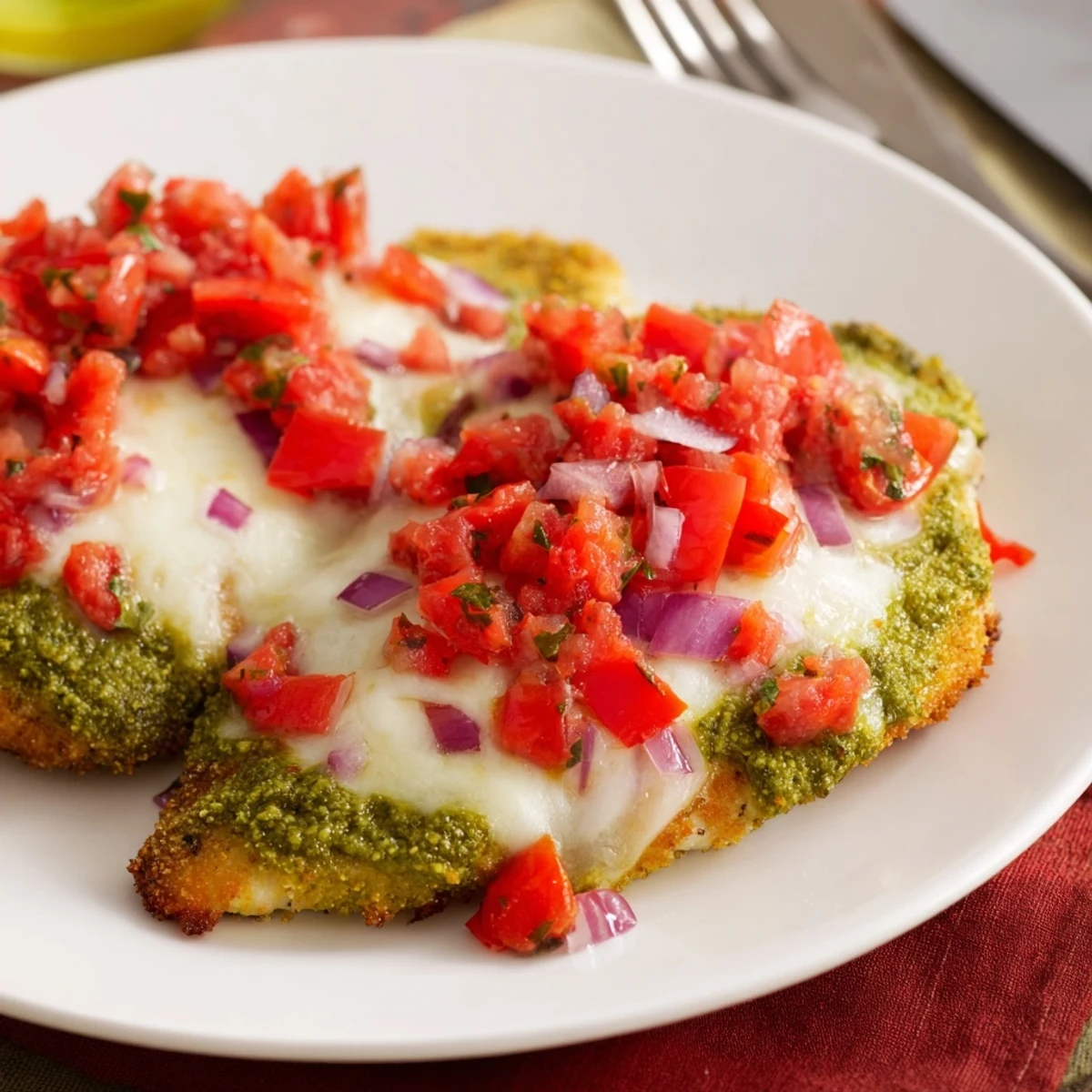 Golden-baked Pesto Bruschetta Chicken breasts topped with vibrant pesto and melted mozzarella on a rustic plate.