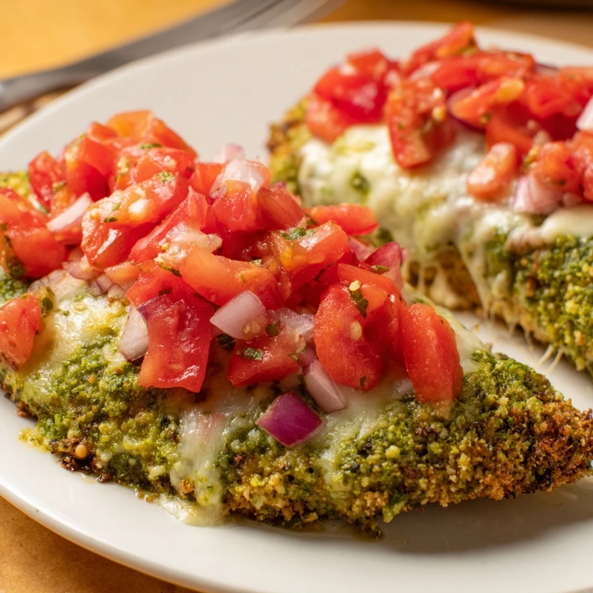 Fresh Pesto Bruschetta Chicken served with juicy tomato bruschetta and a side salad in bright sunlight.