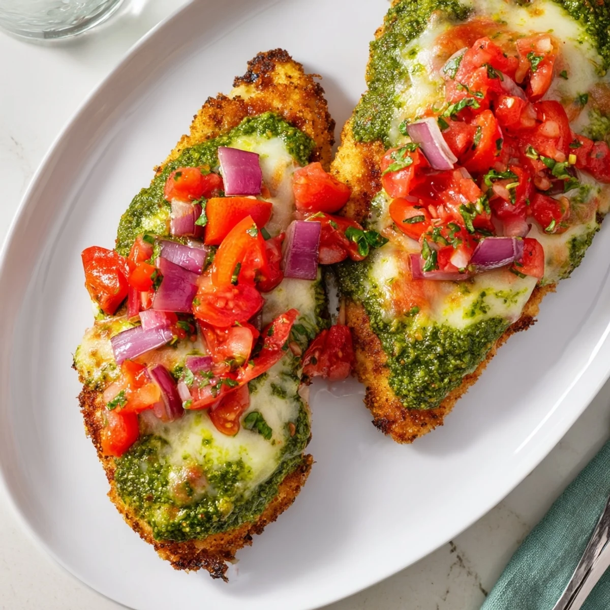 Sizzling Pesto Bruschetta Chicken right from the oven, featuring melted cheese and fresh basil garnish.