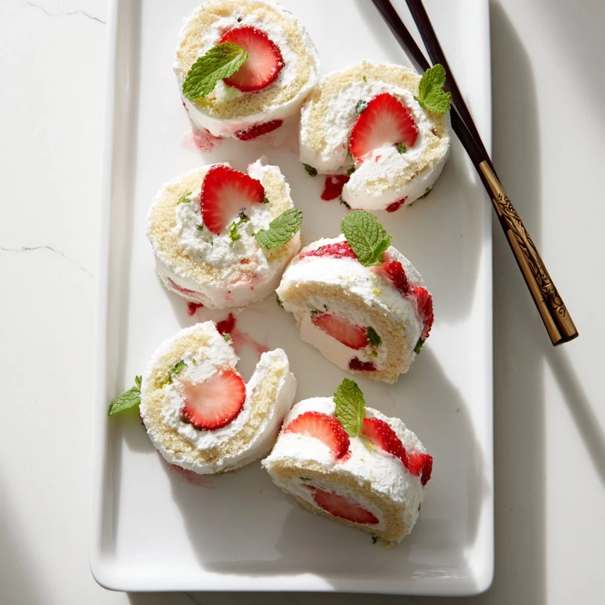 Golden vanilla cake rolled with sweet strawberries and fluffy whipped cream resembling sushi pieces