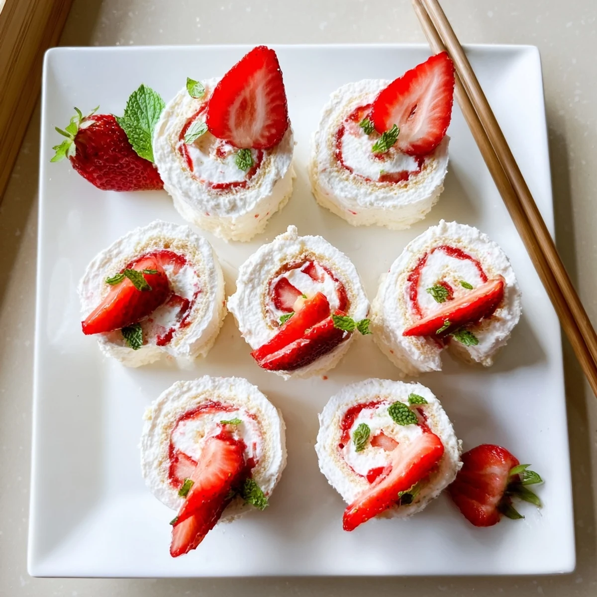 Elegant dessert sushi rolls showcasing vanilla cake, diced strawberries, and mint garnish on white plate