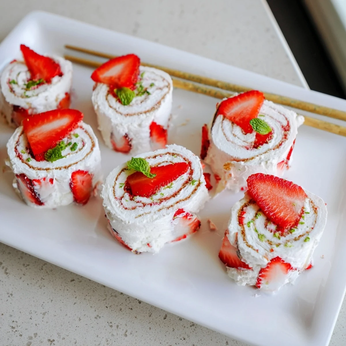 Playful strawberry shortcake sushi featuring fresh berry slices atop cream-filled rolled cake bites
