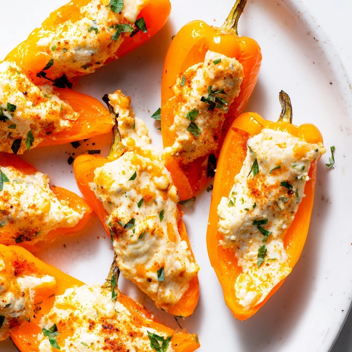Golden air fryer cream cheese stuffed mini peppers arranged on a white serving platter with fresh parsley garnish