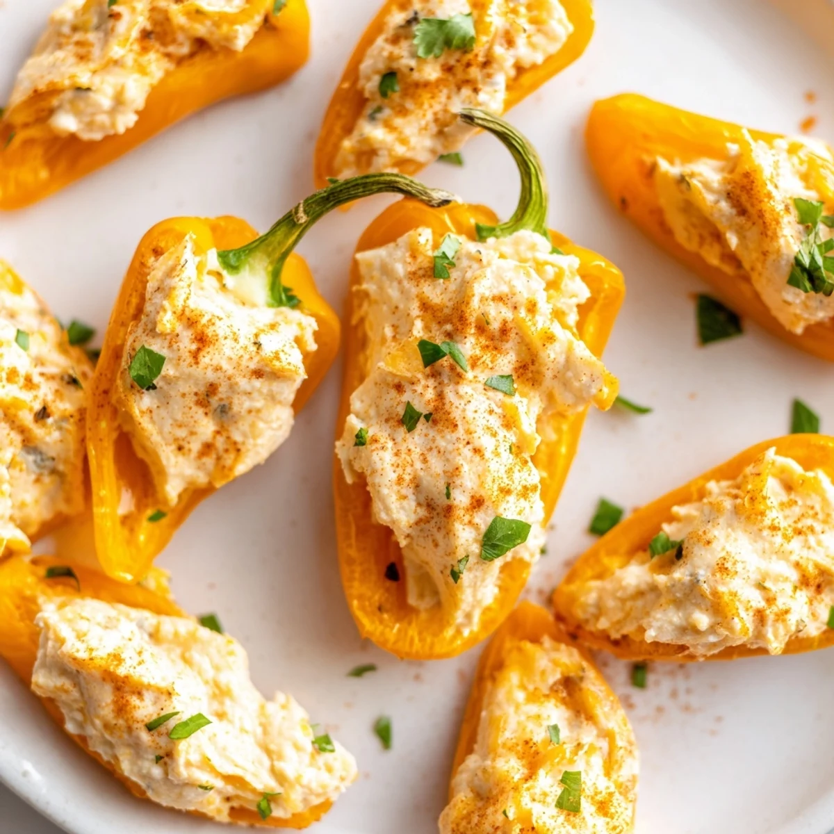 Close up of crispy air fryer cream cheese stuffed mini peppers topped with paprika and fresh herbs
