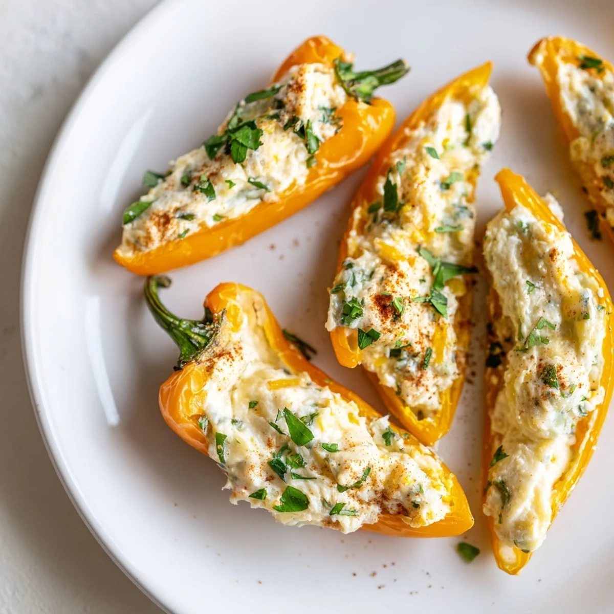 Colorful roasted mini peppers filled with savory cream cheese blend after air frying until tender and lightly golden