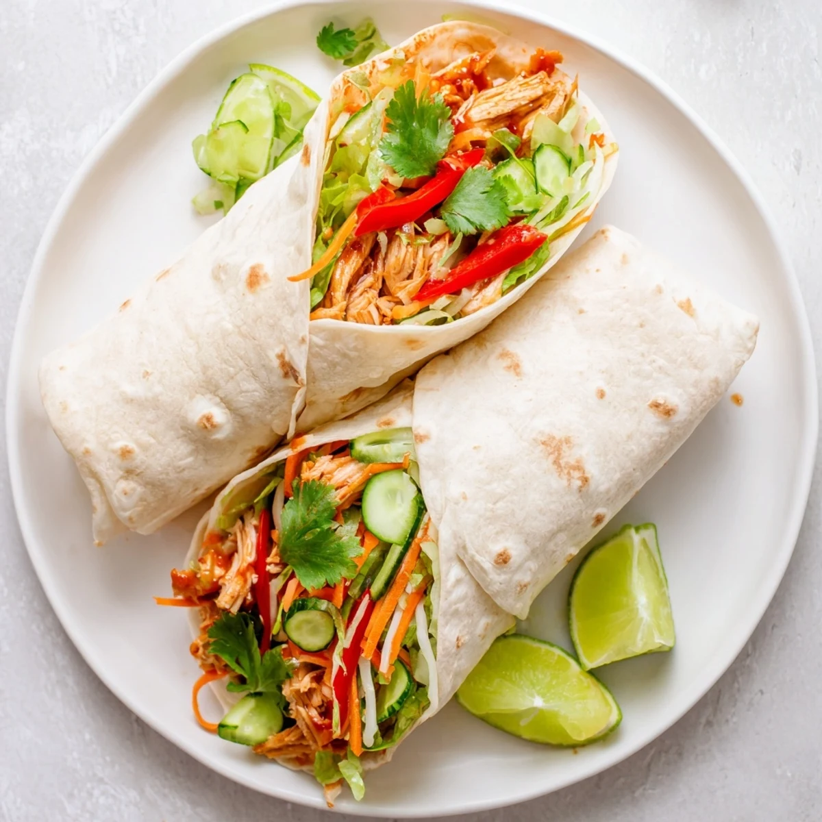 Golden sweet chili chicken wrapped in soft tortilla with crisp colorful vegetables
