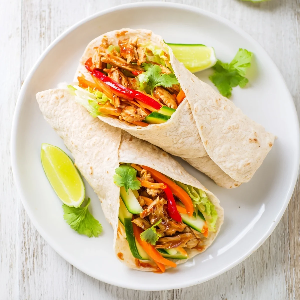 Homemade sweet chili chicken wraps featuring tender meat and julienned vegetables in flour tortillas