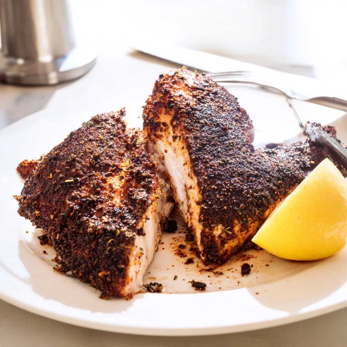 Golden brown blackened chicken breasts with dark spicy crust seared in cast iron