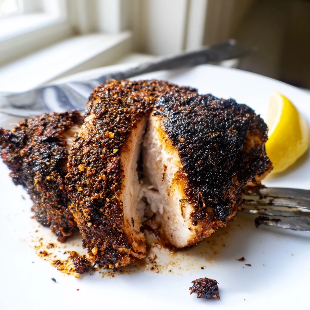 Sliced blackened chicken revealing moist interior with smoky paprika seasoning on cutting board
