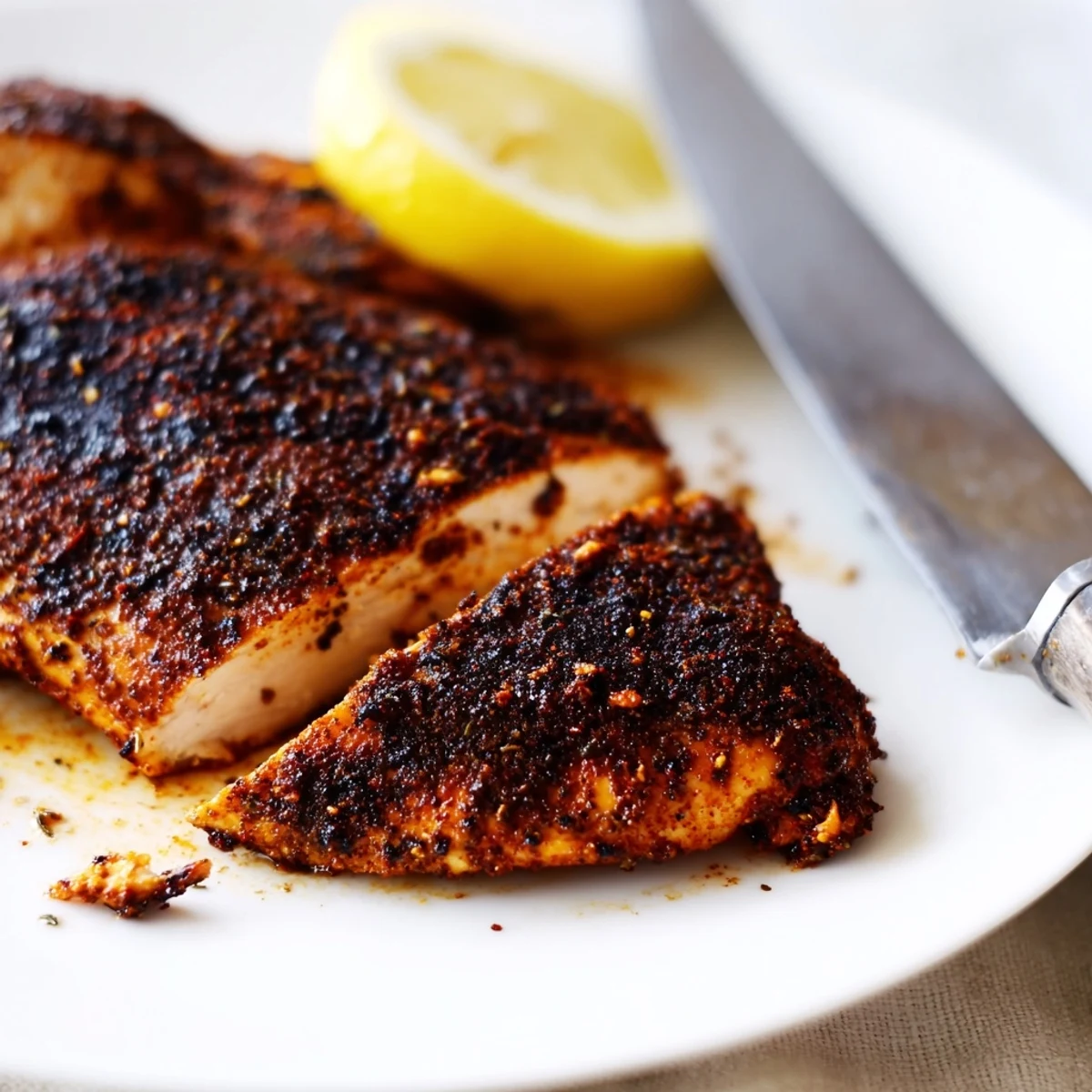 Juicy blackened chicken with Cajun spices resting on white plate with lemon wedges