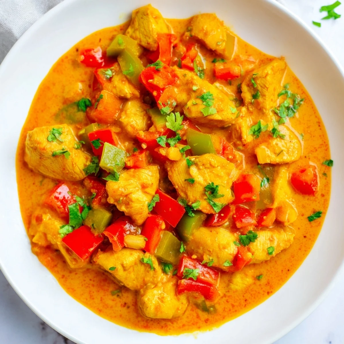 Golden chicken pieces swimming in rich creamy spicy Brazilian coconut sauce with vibrant bell peppers and fresh green cilantro garnish