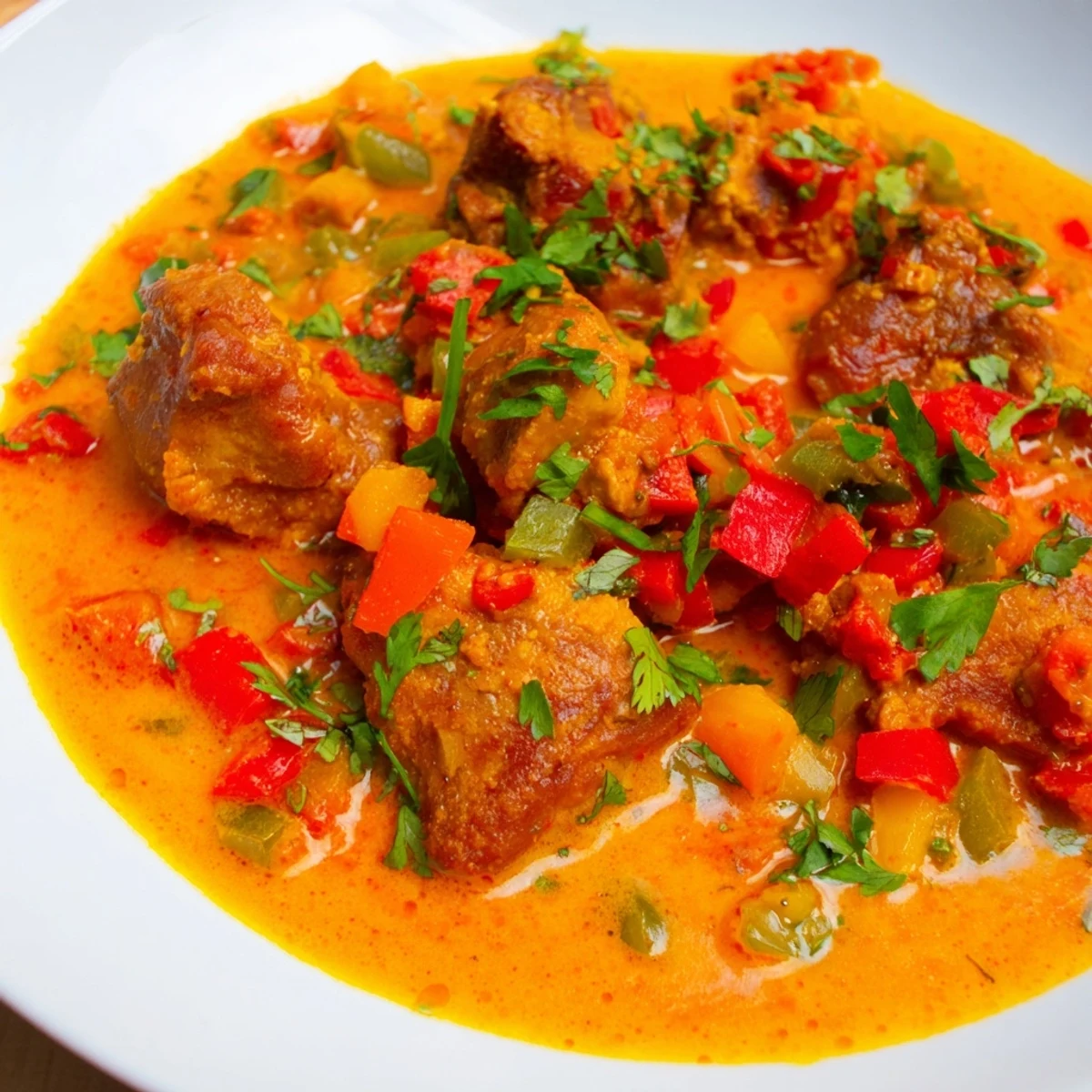 Savory Spicy Brazilian Coconut Chicken served in a white bowl alongside fluffy steamed rice and lime wedges for squeezing