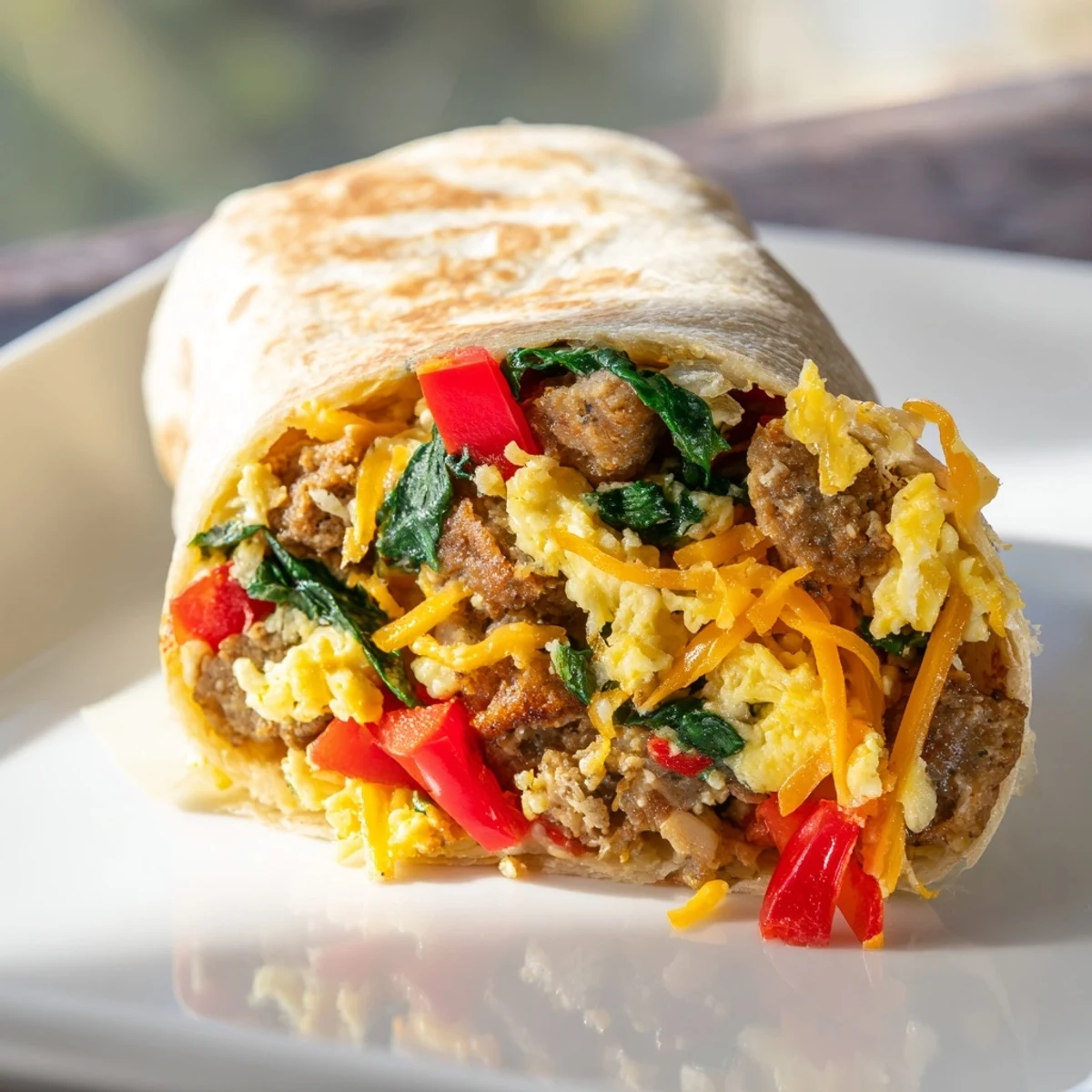 Golden make-ahead breakfast burritos with fluffy eggs, melted cheddar, and savory sausage wrapped in warm flour tortillas