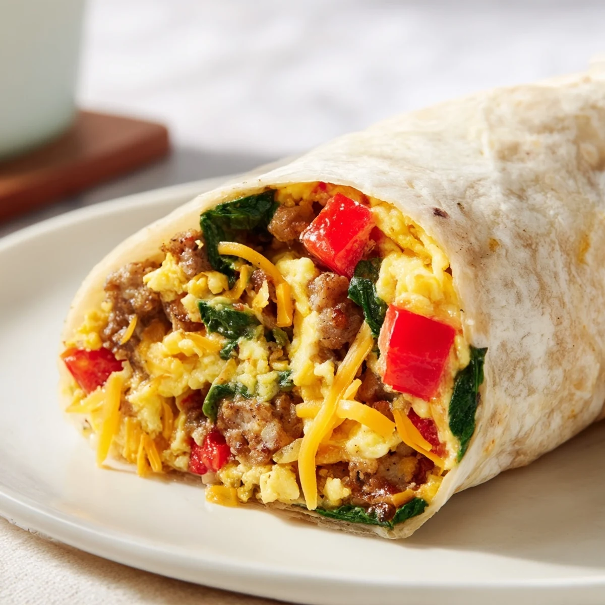 Delicious make-ahead breakfast burritos showcasing egg, sausage, and vegetable filling tucked inside soft tortillas for easy freezing