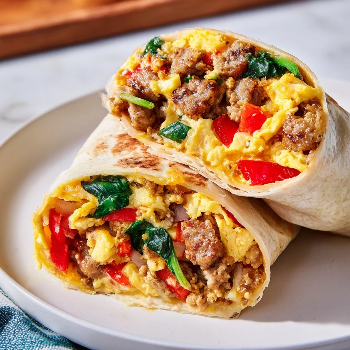 Plate of hearty breakfast burritos filled with scrambled eggs, colorful bell peppers, and cheese ready for grab-and-go mornings