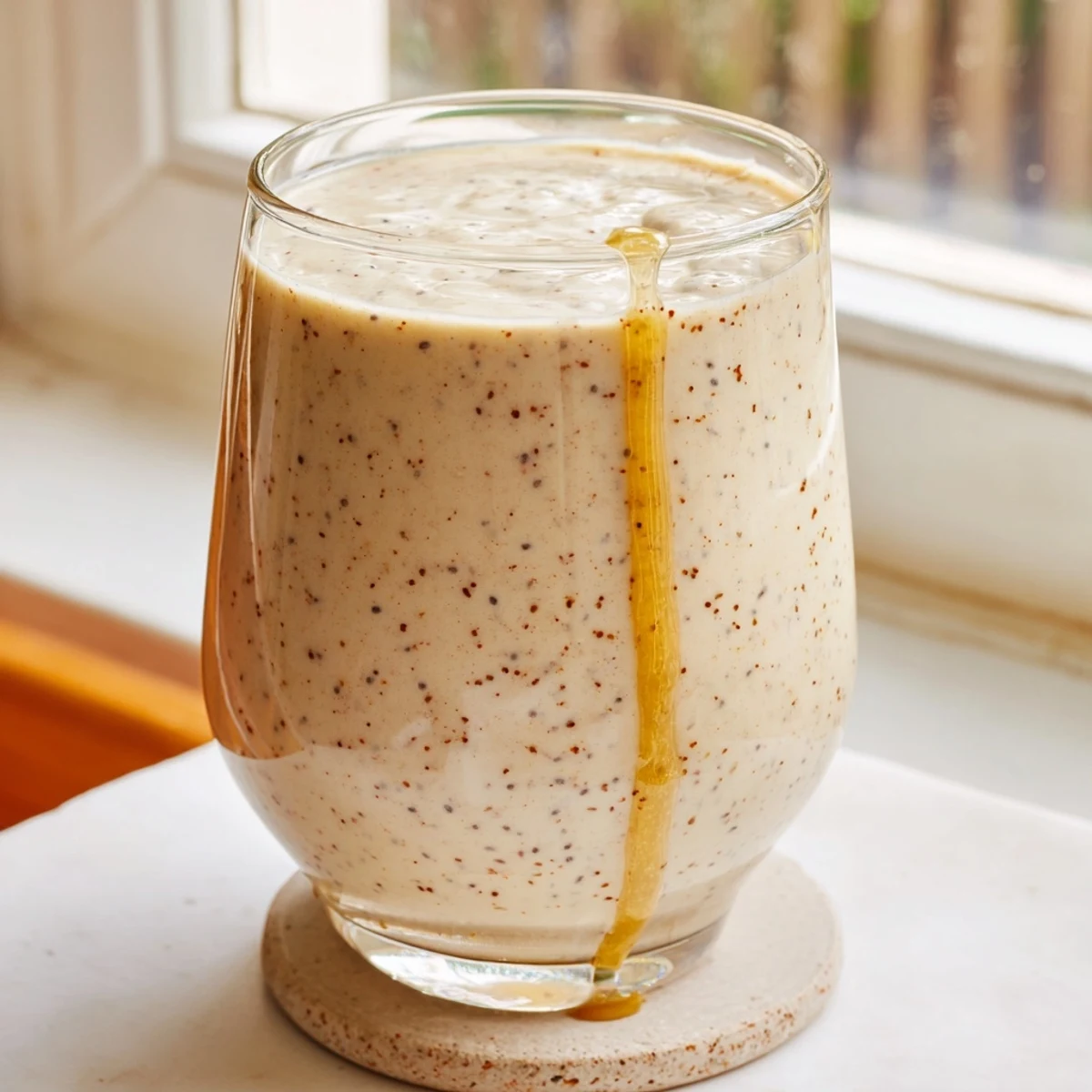 Thick creamy Greek yogurt banana smoothie poured into a tall glass with banana slices garnish