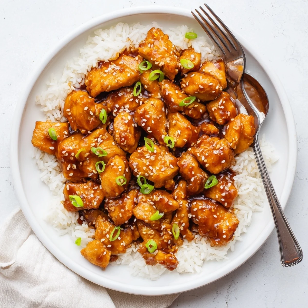 Crispy Mongolian chicken tossed in caramelized brown sugar glaze with garlic and sesame garnish