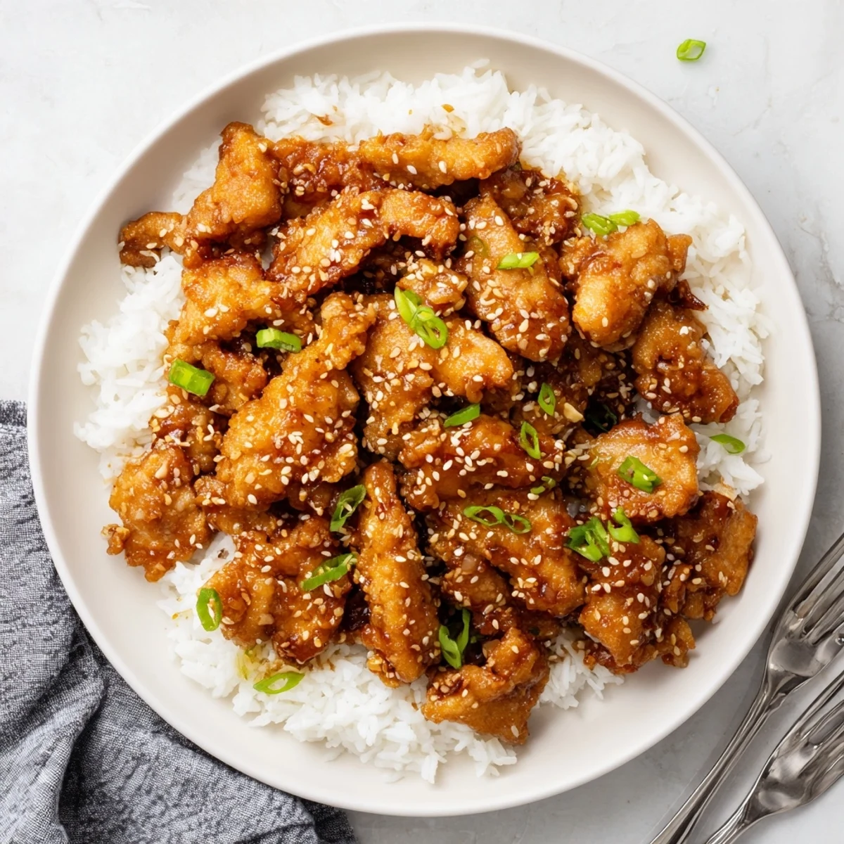 Golden brown Mongolian chicken pieces coated in a glossy sweet savory soy ginger sauce