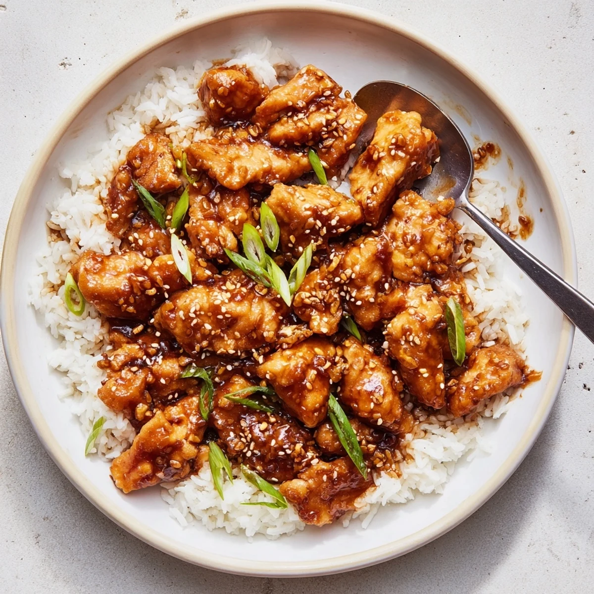 Steam rises from a bowl of Mongolian chicken served over white rice with green onions