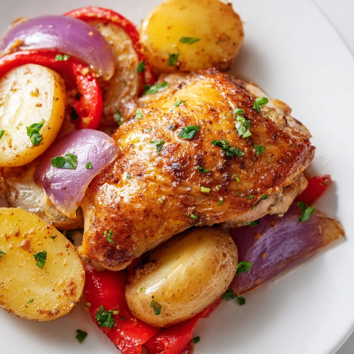 Golden sheet pan chicken and potatoes roasted with colorful vegetables and fresh herbs