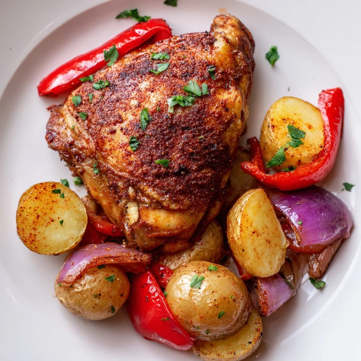 Crispy chicken thighs nestled among tender roasted potatoes on a parchment-lined baking sheet
