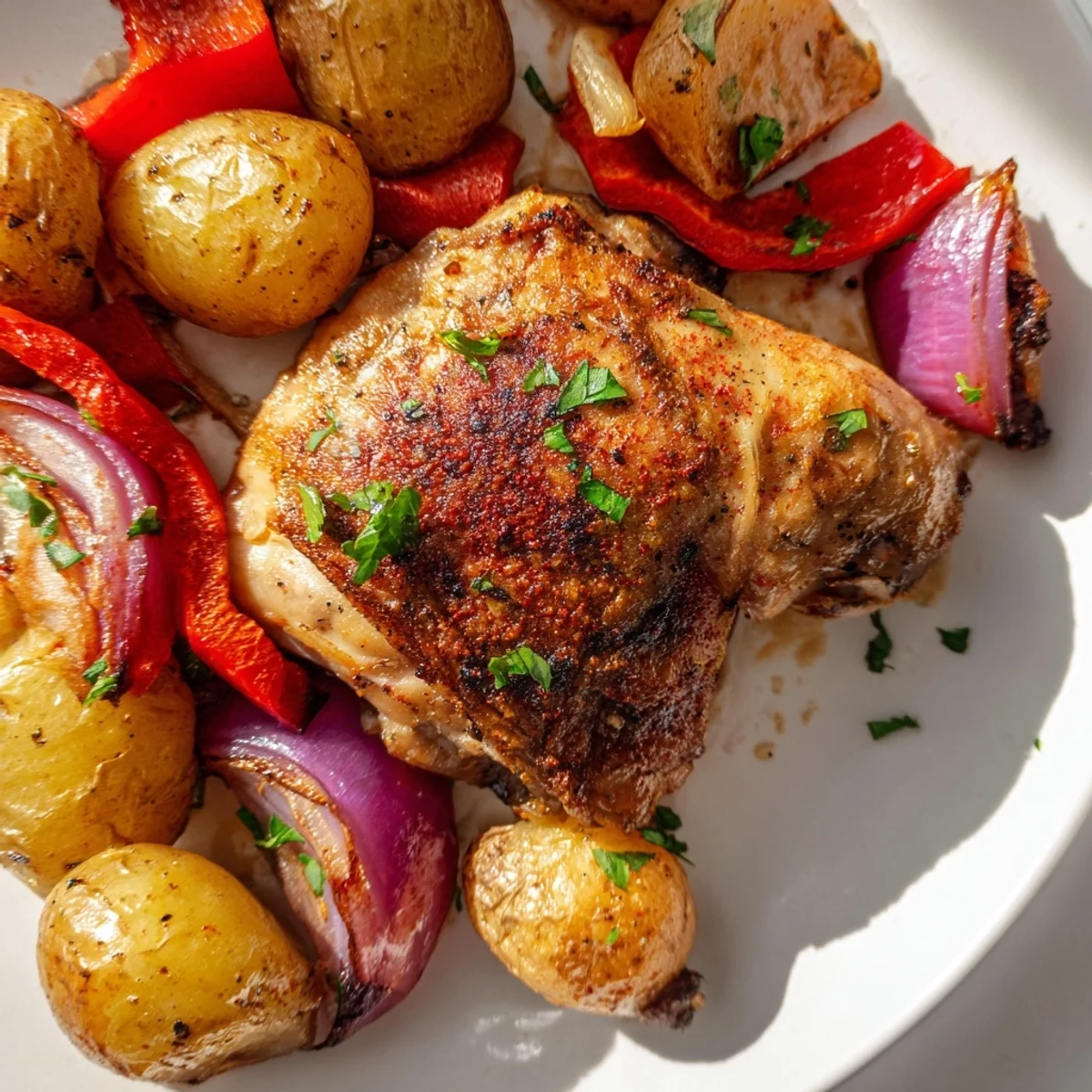 Succulent one-pan chicken dinner with golden potatoes, bell peppers, and aromatic parsley garnish