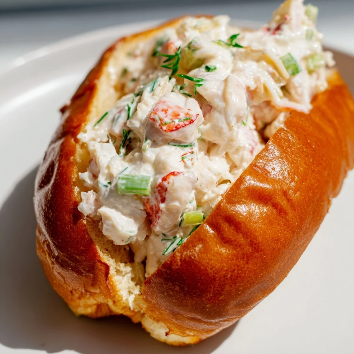 Split-top bun overflowing with tender lobster meat in garlic butter lobster rolls garnished with chives