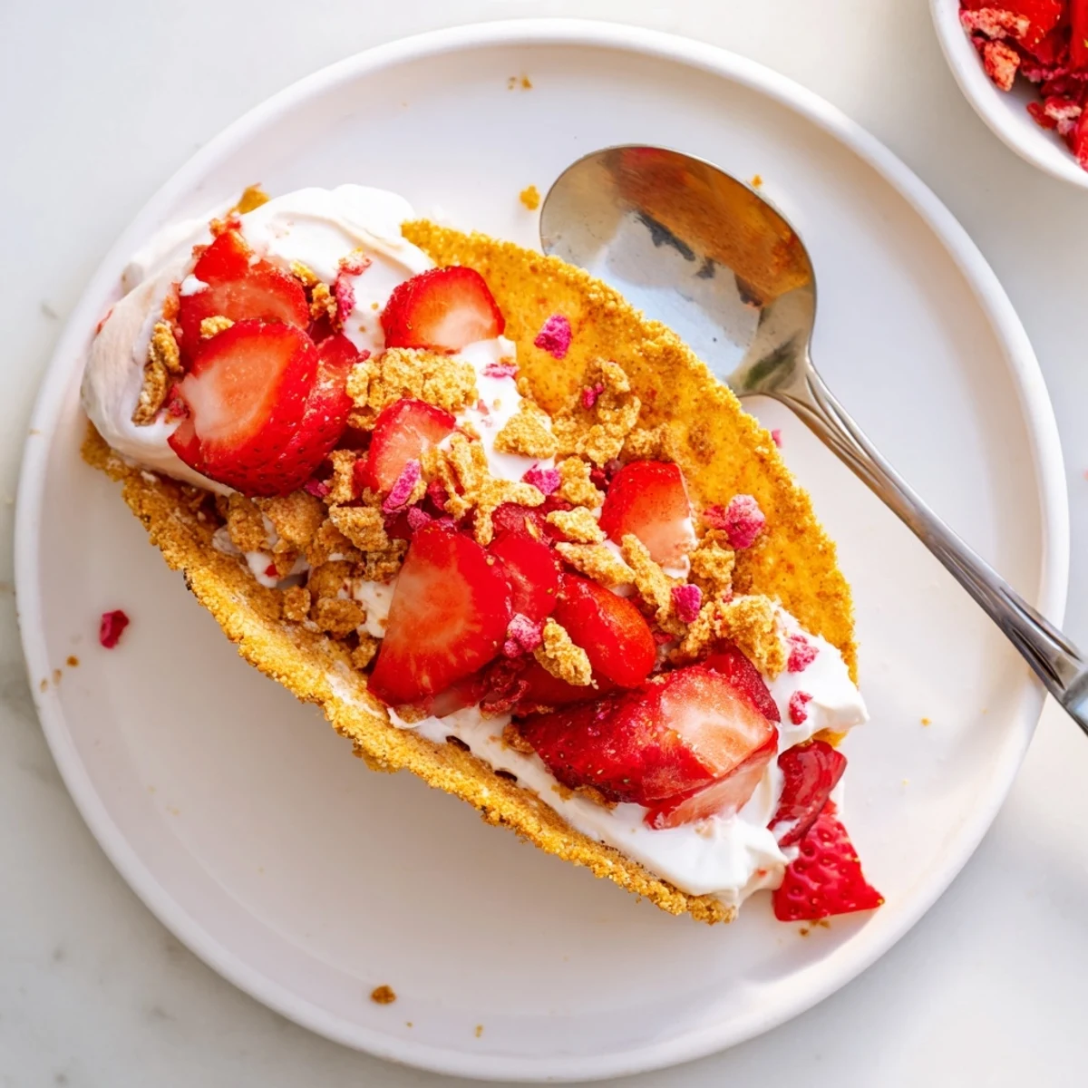 Crisp cinnamon-sugar taco shell overflowing with creamy cheesecake filling topped with fresh diced strawberries