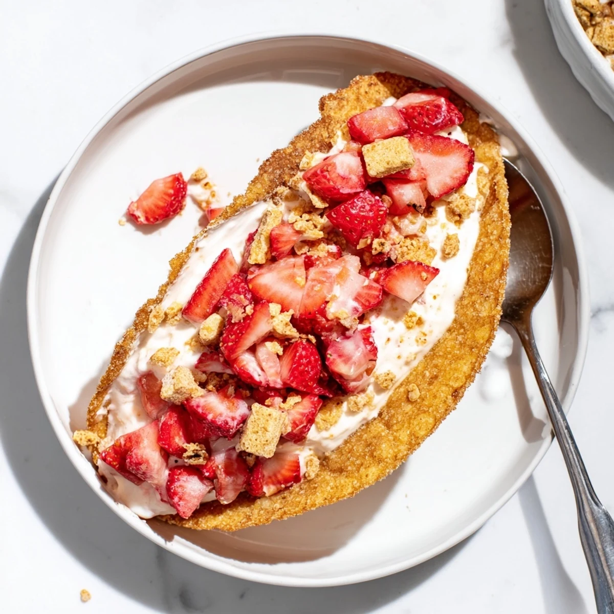 Golden baked tortilla taco shell piled high with fluffy strawberry cheesecake and crunchy cookie crumble