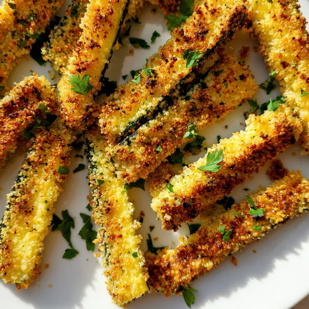 Golden brown crispy baked keto zucchini fries arranged on a white serving platter with fresh parsley garnish