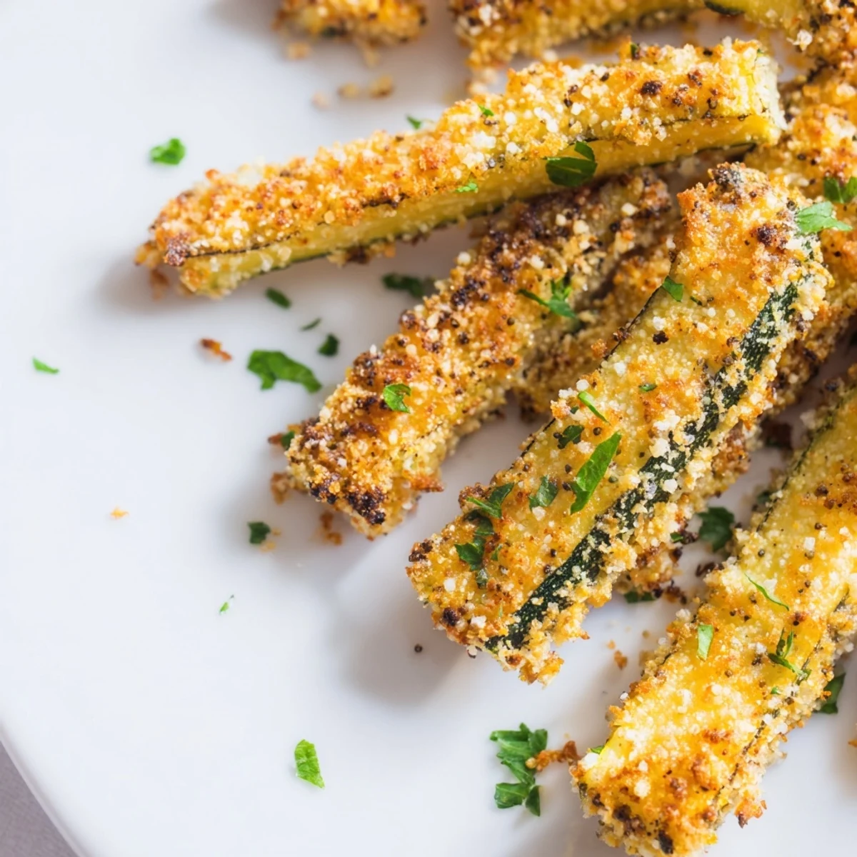 Close-up of crunchy low-carb zucchini fries with almond Parmesan coating showing golden texture on baking sheet
