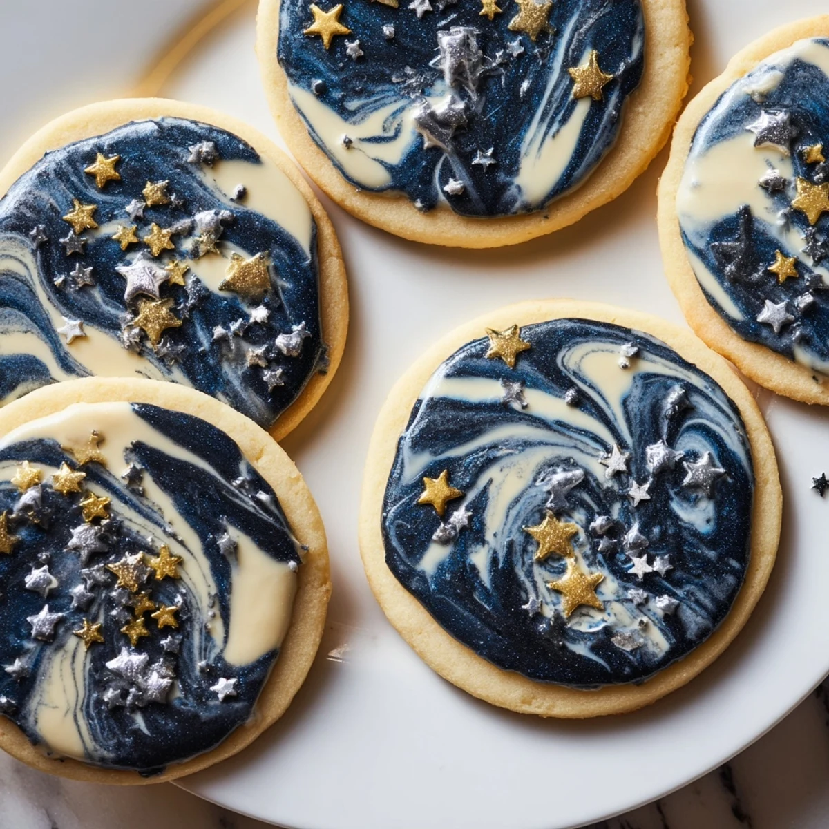 Starry Night Sugar Cookies topped with swirled blue icing and shimmering edible star sprinkles