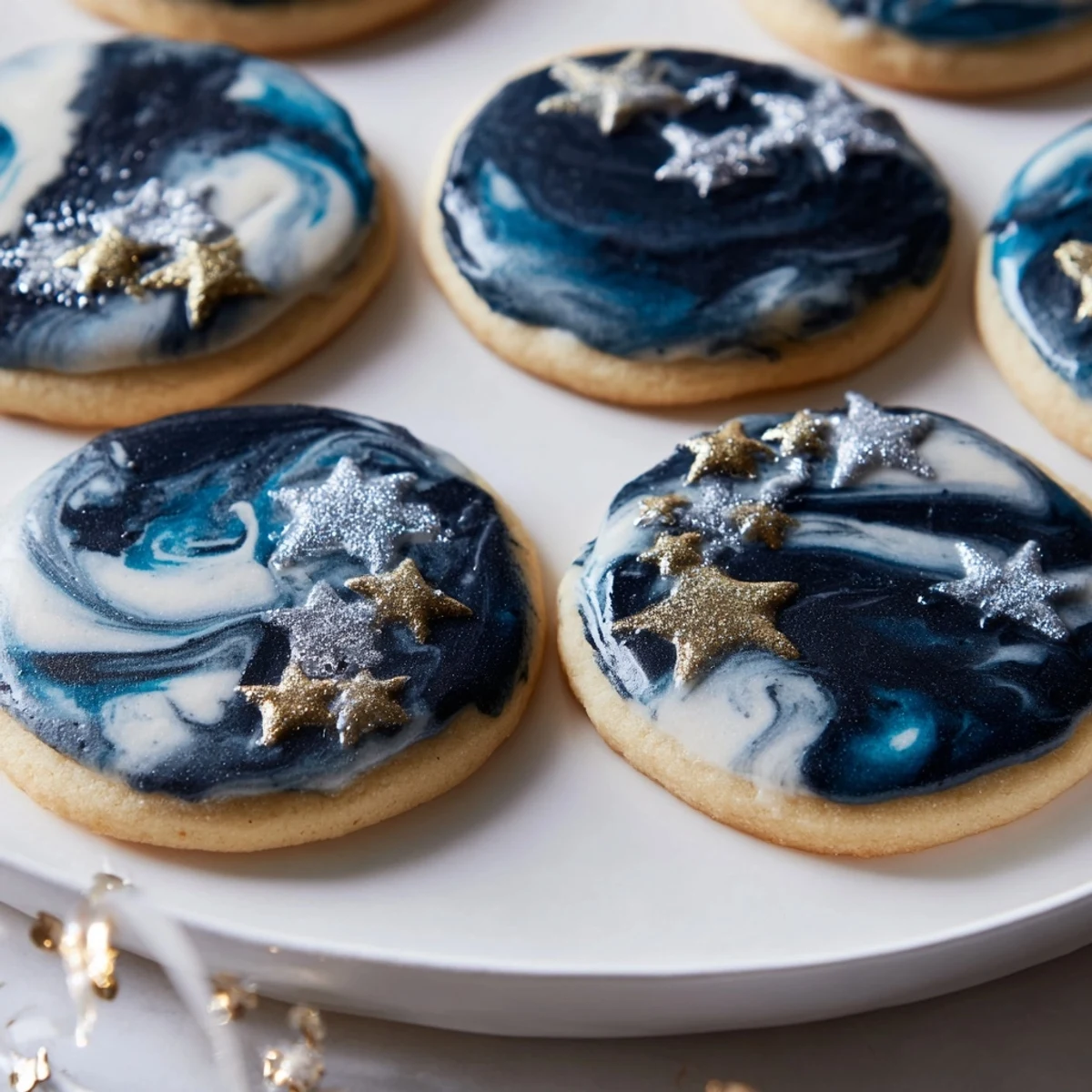 Handmade vanilla Starry Night Sugar Cookies featuring dark marbled glaze and golden star decorations