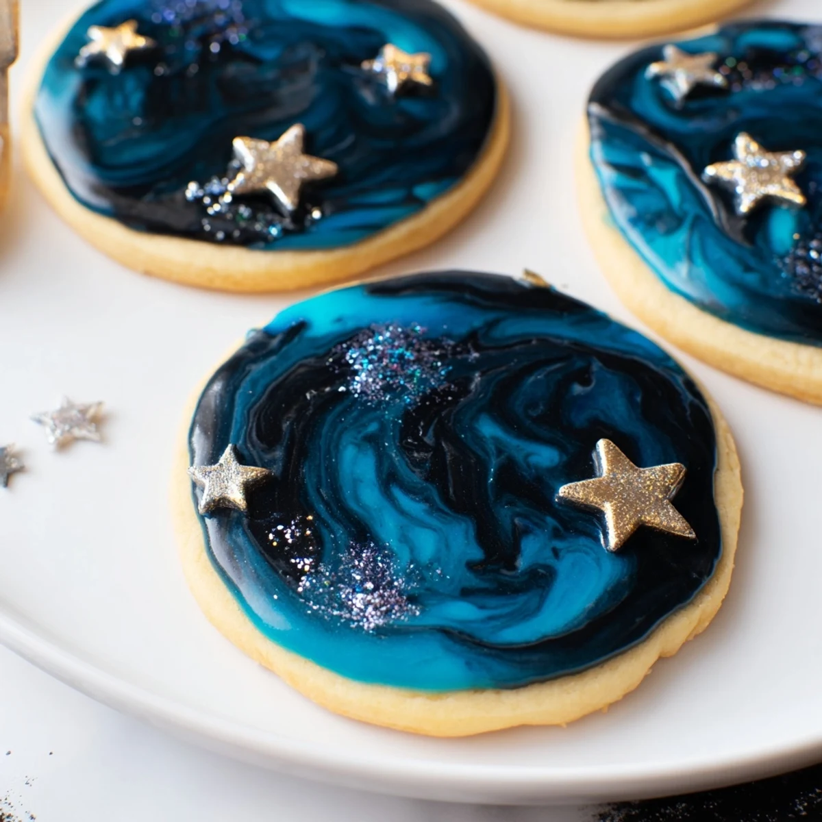 Close-up of decorated Starry Night Sugar Cookies with celestial blue marble icing and sparkling stars