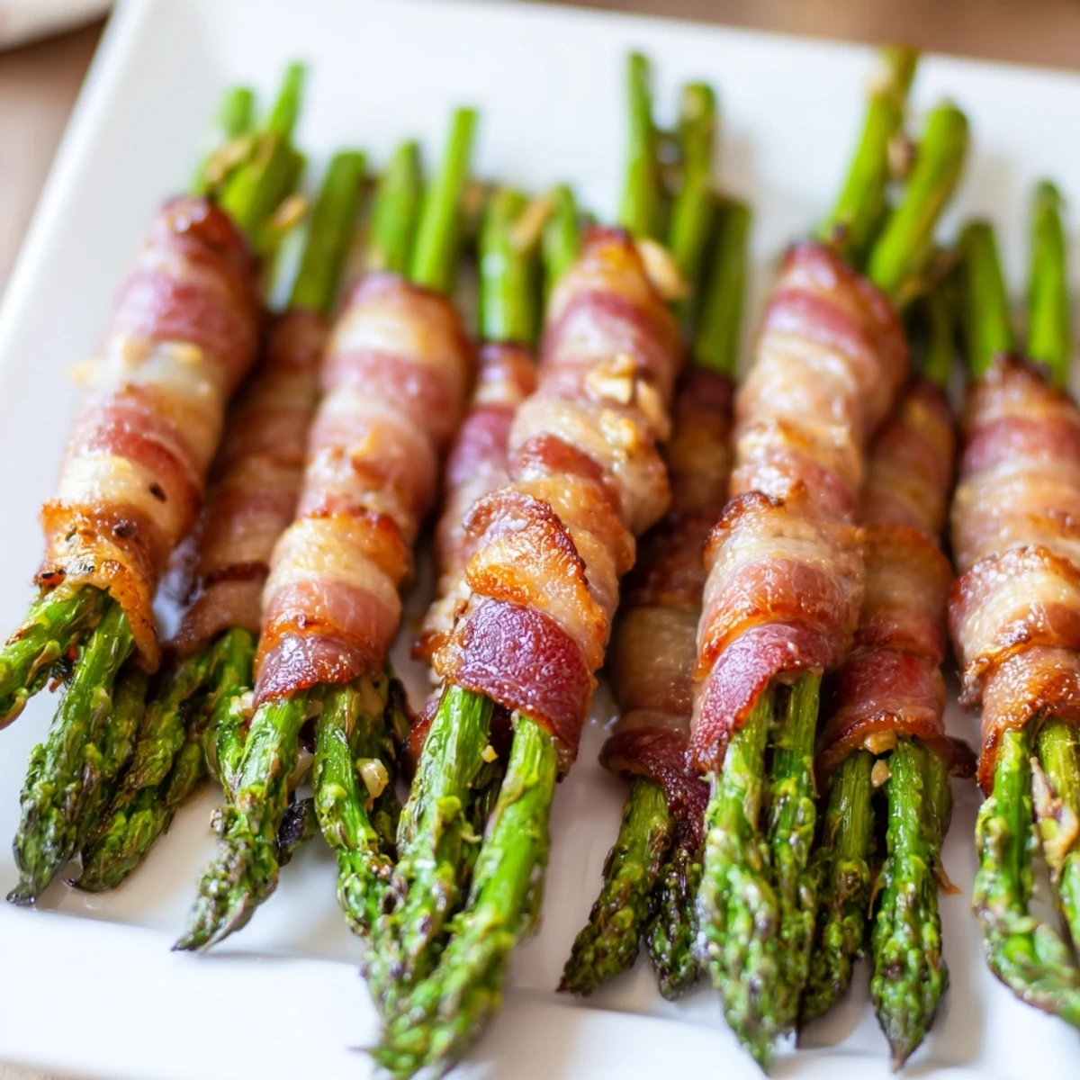 Crispy garlic bacon wrapped asparagus bundles arranged on a white serving platter