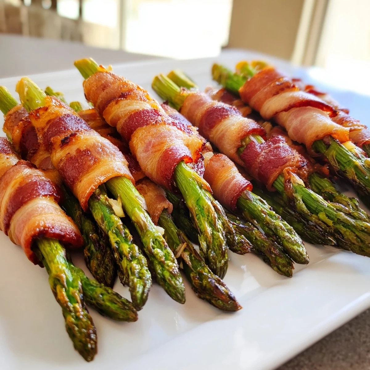 Oven baked asparagus spears wrapped in sizzling bacon with fresh minced garlic garnish