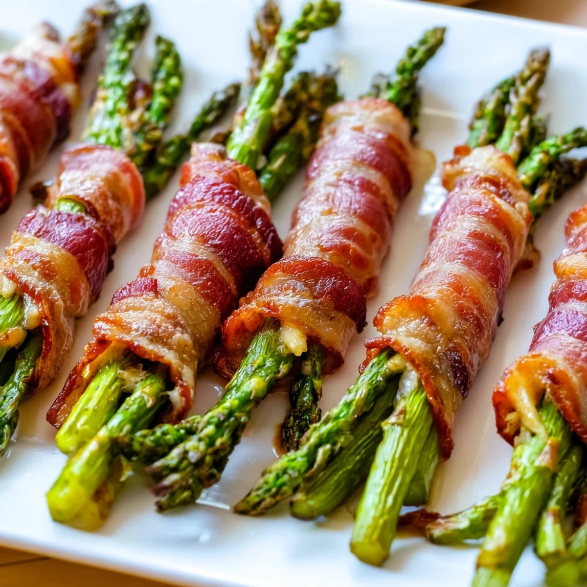 Golden brown bacon wrapped asparagus spears on parchment paper ready for serving