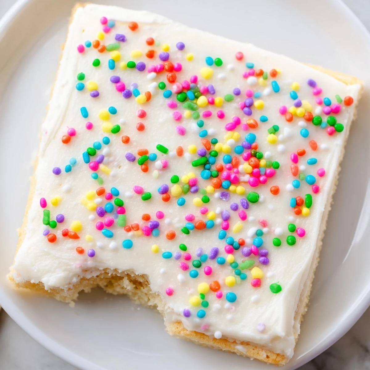 Soft frosted sugar cookie bars sliced into squares on a white serving platter