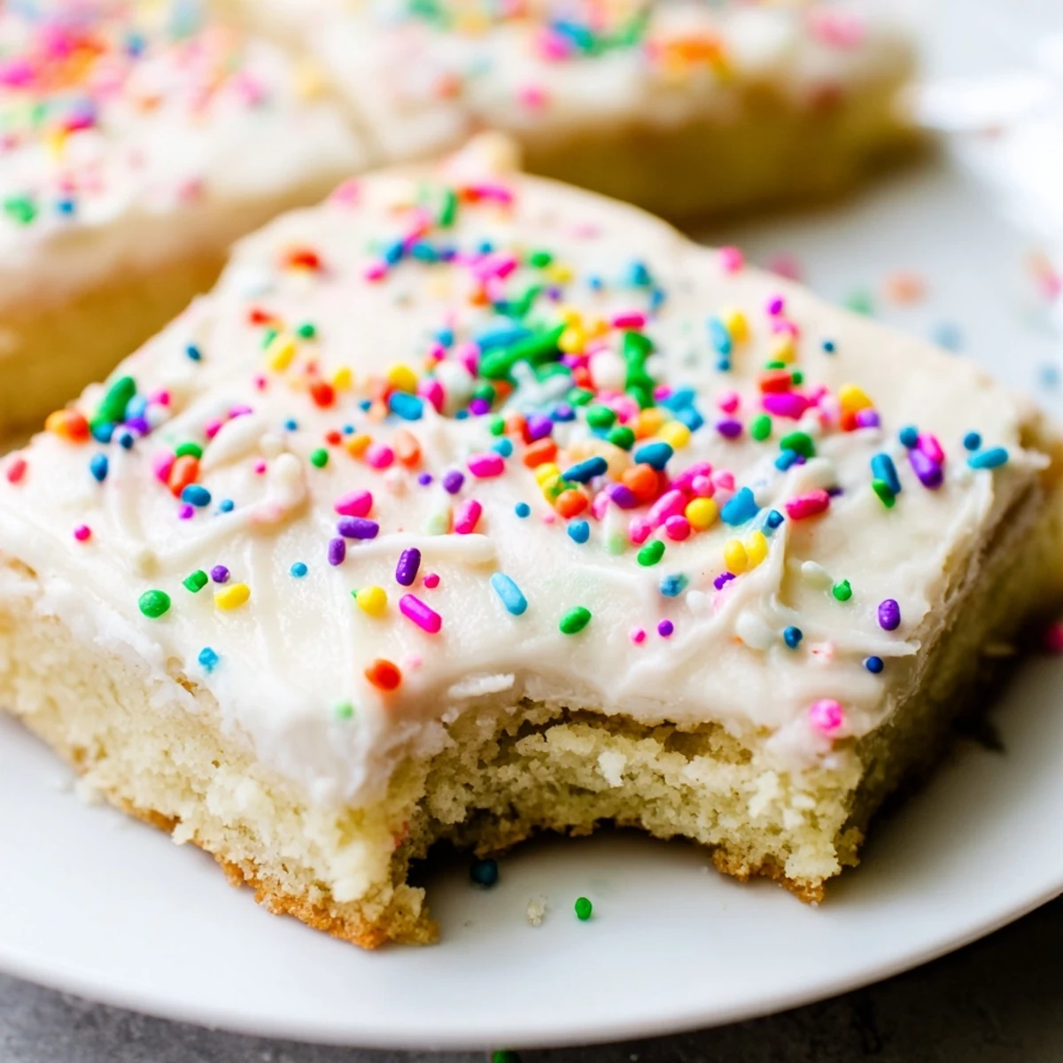 Golden sugar cookie bars topped with creamy white frosting and colorful rainbow sprinkles