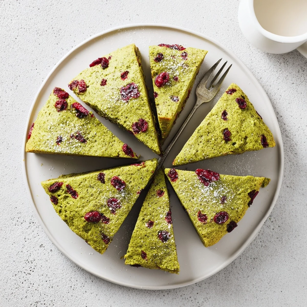 Golden green matcha cranberry scones dusted with coarse sugar on a wooden board