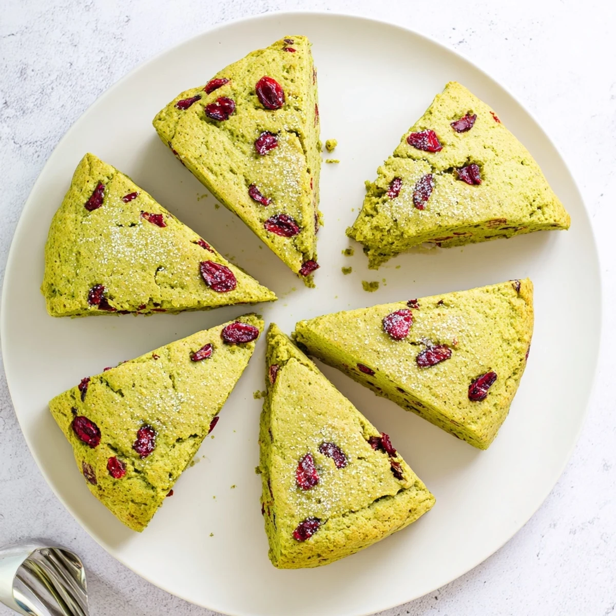 Triangular matcha cranberry scones studded with red berries on a parchment-lined baking sheet