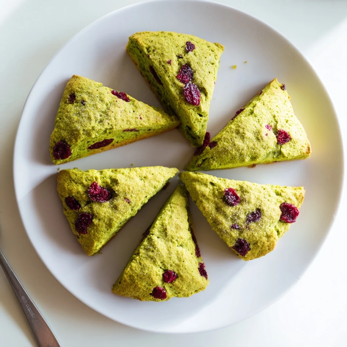 Flaky buttery matcha cranberry scones cooling on a wire rack with scattered cranberries